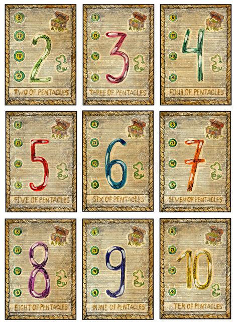 The thoth tarot is a divinatory tarot deck painted by lady frieda harris according to instructions from aleister crowley. Old Tarot Cards. Full Deck. Numbers Of Pentacles Stock Illustration - Illustration of prediction ...