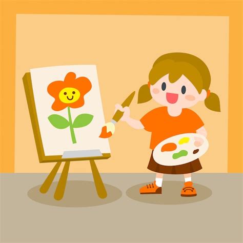 Crianças Pintura De Menina Na Lona Classe De Desenho Vetor Premium