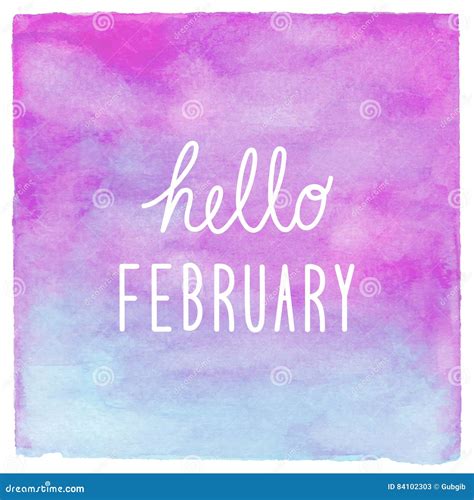 Hello February Text On Blue And Purple Watercolor Background Stock