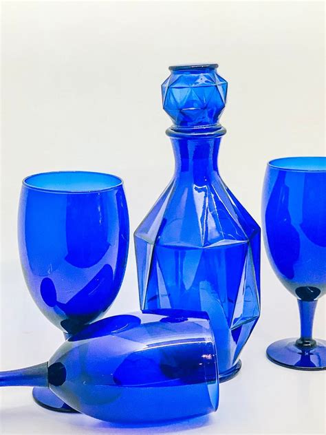 Vintage Cobalt Blue Glass Decanter Diamond Geometric Cut Plus Etsy