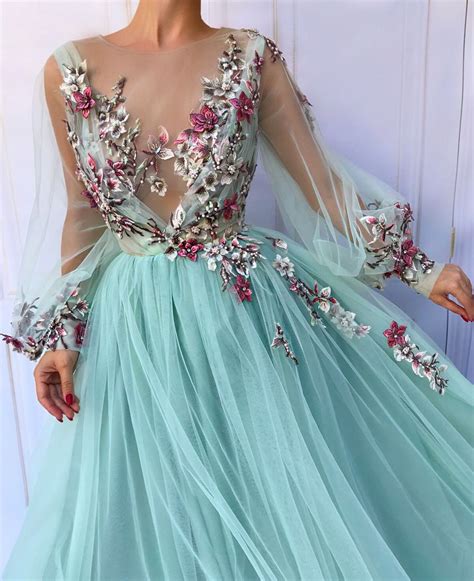 Blue Tulle Floral Embroidered Puff Sleeve Prom Dress Tulle Evening Dress Party Dress 195