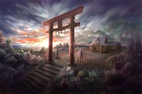 Mountains Clouds Landscapes Touhou Trees Stairways Shrine Gate Scenic