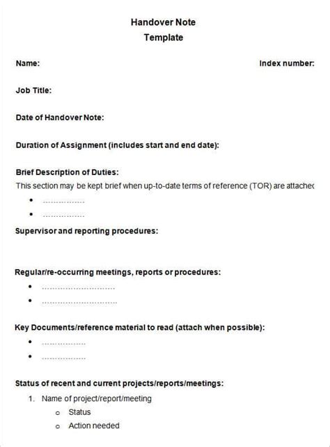 Handing Over Notes Template New Professional Template