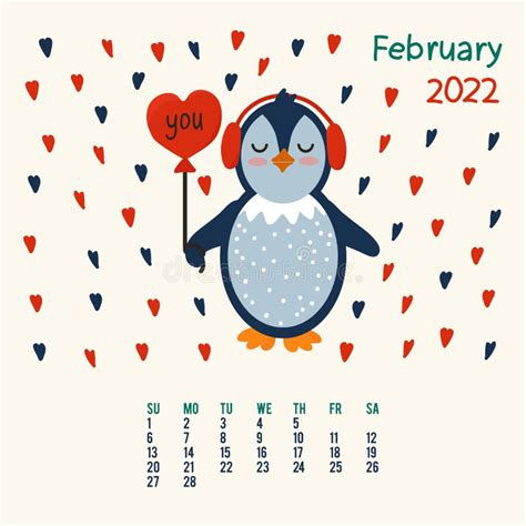 Calendar With A Penguin Cartoon Animal For The Month Of February
