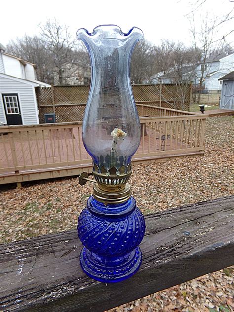 Cobalt Blue Mini Oil Lamp Blue Swirl Design Fluted Pale Blue Chimney