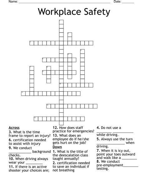 Workplace Safety Crossword Wordmint