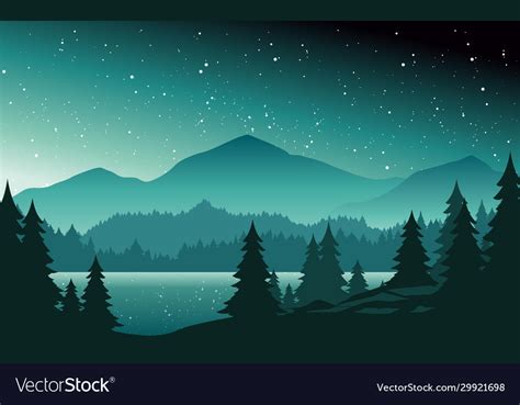 Mountains And Lake At Night Landscape Flat Vector Image