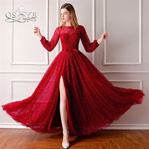Qsyye 2018 New Wine Red Long Prom Dresses Full Pearls Long Sleeve High