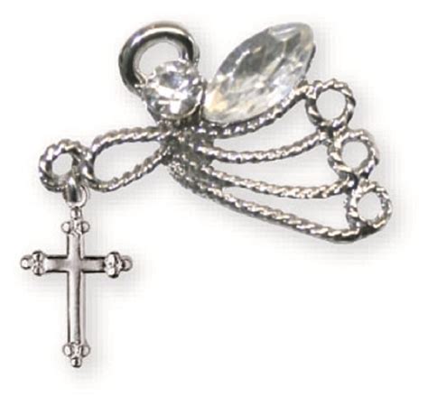 Silver Tone Guardian Angel Lapel Pin With Hanging Cross And 2 Crystals