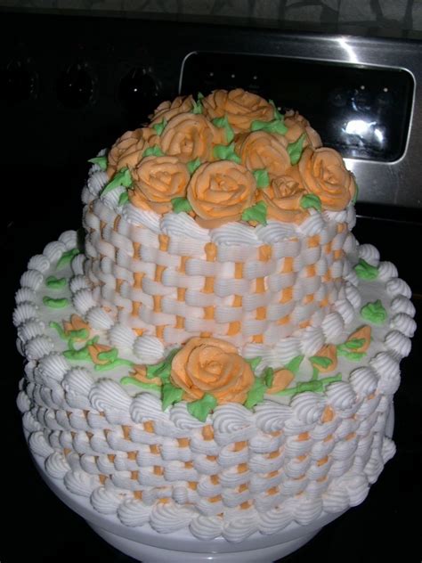 Basketweave With Peach Roses Cakecentral Com