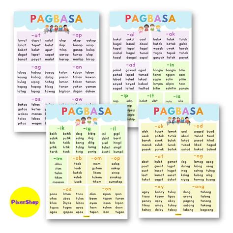 4 Pcs Pagsanay Sa Pagbasa Posters A4 Educational Charts Tagalog