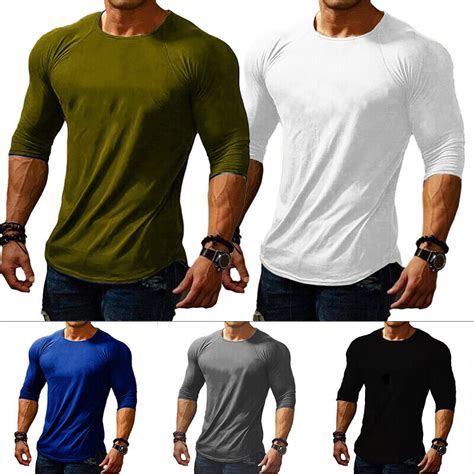 mens round neck muscle t shirts long sleeve athletic workout gym slim fit shirts ebay