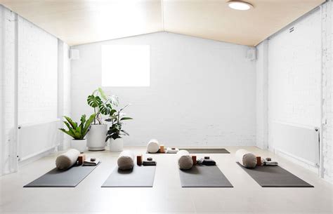 A Room With White Walls And Yoga Mats On The Floor Next To A Potted Plant