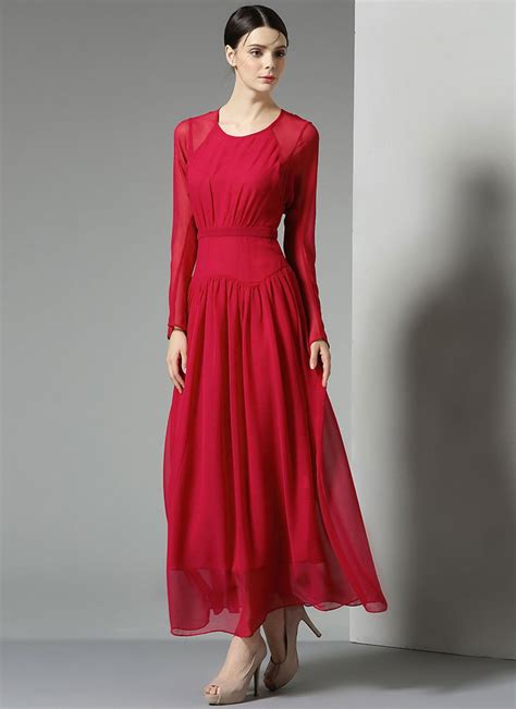 Long Sleeve Red Maxi Dress With Angled Hip Design Rm327
