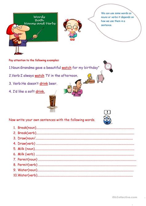 Word or phrase expressing action or state of being. Words Both Nouns and Verbs. - English ESL Worksheets for ...