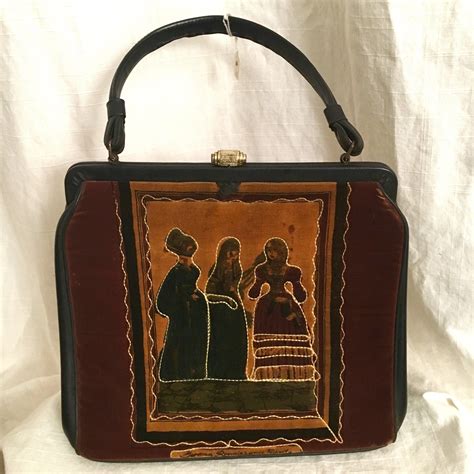 Vintage 50s Soure Bag Velvet Renaissance And Gothic Ladies Handbag By