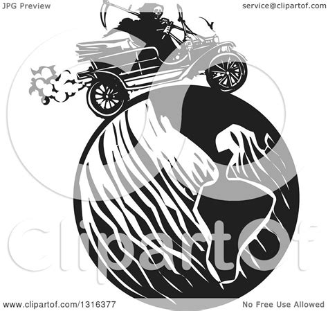 Clipart Of A Black And White Woodcut Grim Reaper Driving