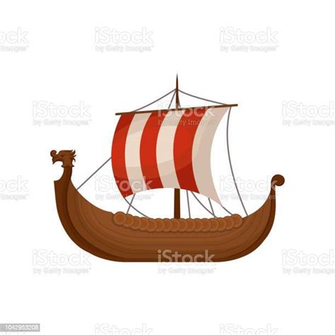 Eski Viking İskandinav Draccar Norman Gemi Yelken Vektör Çizim Beyaz