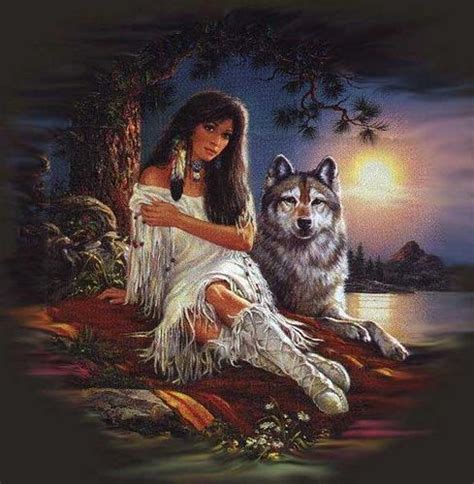 A Painting Of A Woman And A Wolf Sitting On The Ground With Trees In