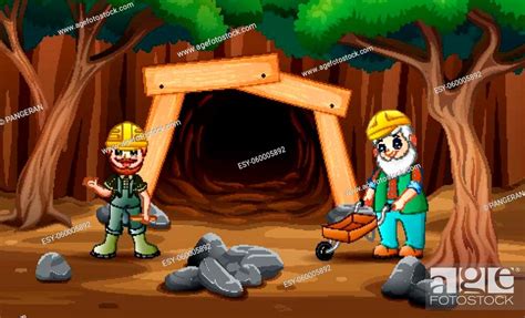 Cartoon Mine Entrance With Gold Miner Worker Stock Vector Vector And