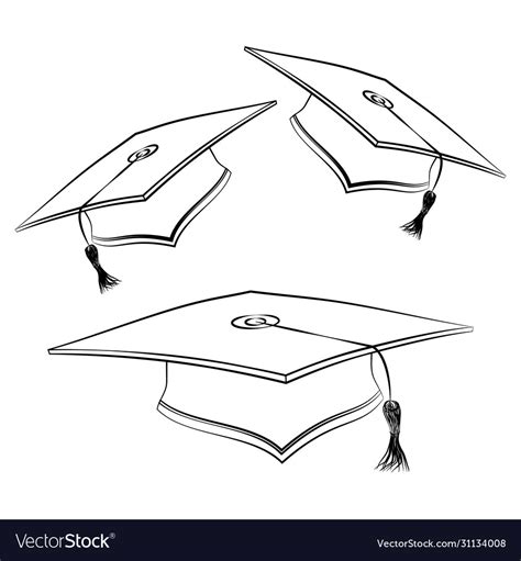 Black Line Student Caps Sketch Graduation Hat Vector Image