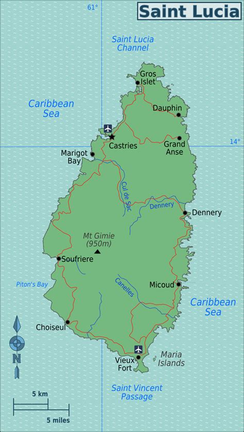 Detailed Map Of Saint Lucia Island With Cities Saint Lucia Island