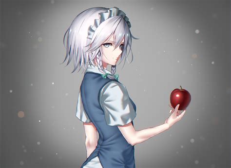 Apple Blue Eyes Braids Food Fruit Gradient Gray Gray Hair Headdress Izayoi Sakuya Maid Short