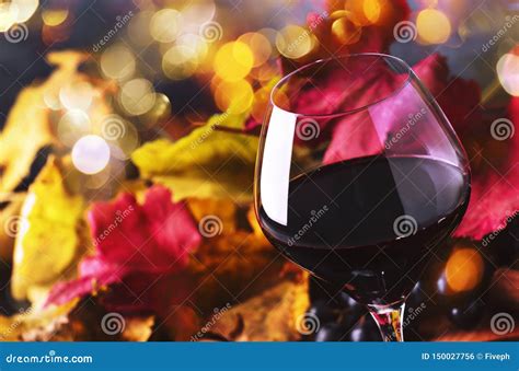 Red Wine In Wine Glass Autumn Still Life With Red And Yellow Leaves
