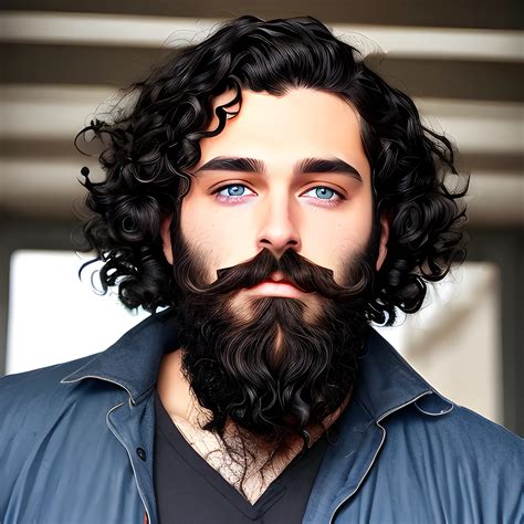 Man Dark Black Curly Hair Beard Blue Eyes Arthubai