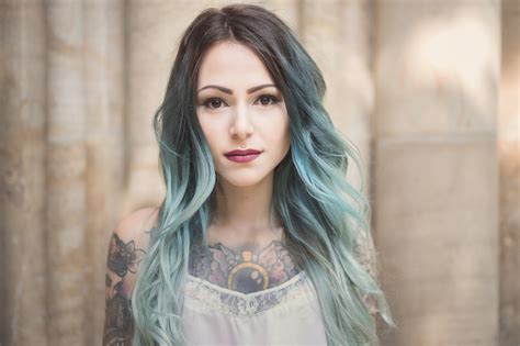 Wallpaper Face Women Model Dyed Hair Long Hair Blue Hair Looking At Viewer Tattoo