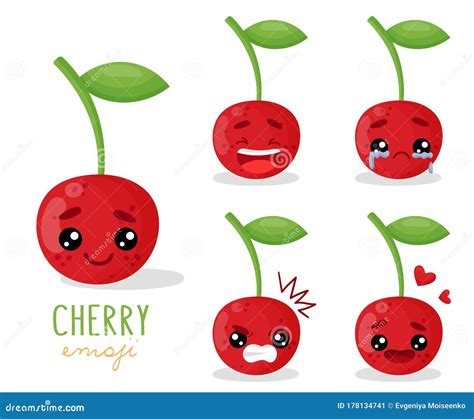 Set Of Emoji Cherry With Different Emotions Smile Laugh Anger Cry Love An Isolated Vector