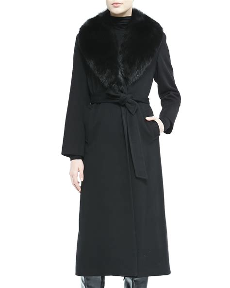 Sofia Cashmere Fur Collar Belted Long Wrap Coat In Black Lyst