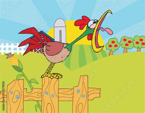 Noisy Rooster Crowing On A Fence At The Edge Of A Pasture Stock Image