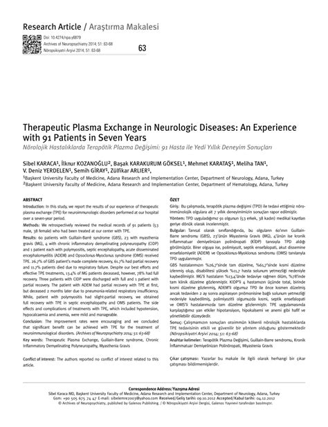 PDF Nörolojik Hastalıklarda Terapötik Plazma Değişimi 91 Hasta ile
