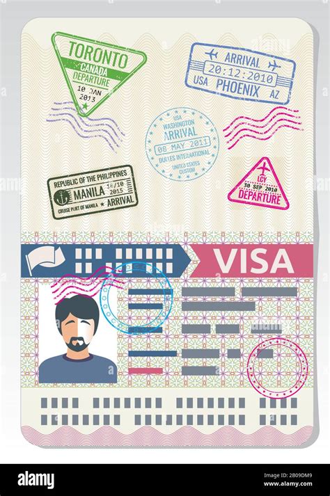 Open Custom Passport With Visa Stamps Business Travel Vector Concept