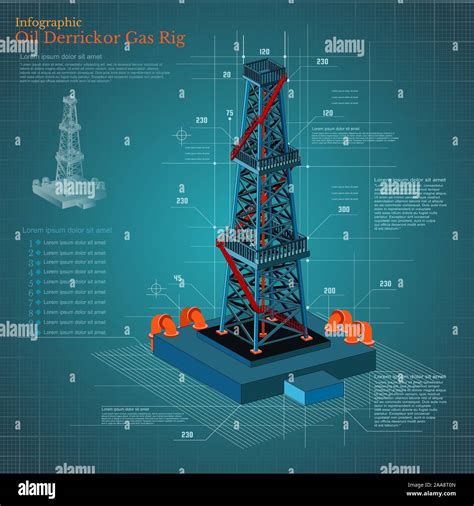 Plan Drawing Oil Derrick Tower Or Gas Rig Infographic On Blue Scheme