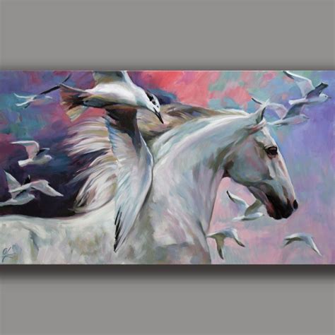 Breeze White Horse And Möwen Original Gemälde Joart Signiert Unikat