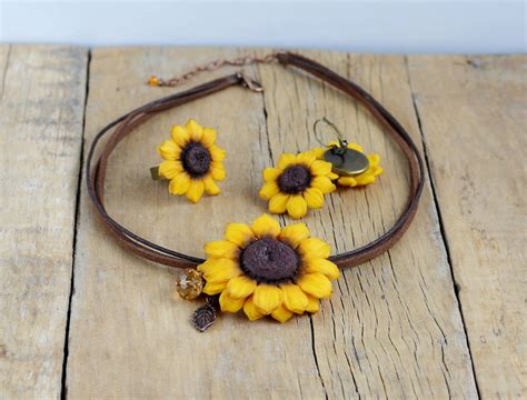 Sunflower Jewelry Set Sunflower Necklace Sunflower Earrings Etsy