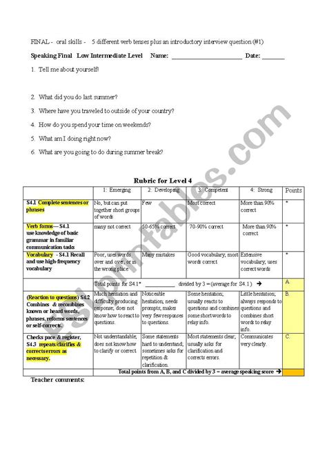 Esl Speaking Final Assessment Esl Worksheet By Dramirez2008