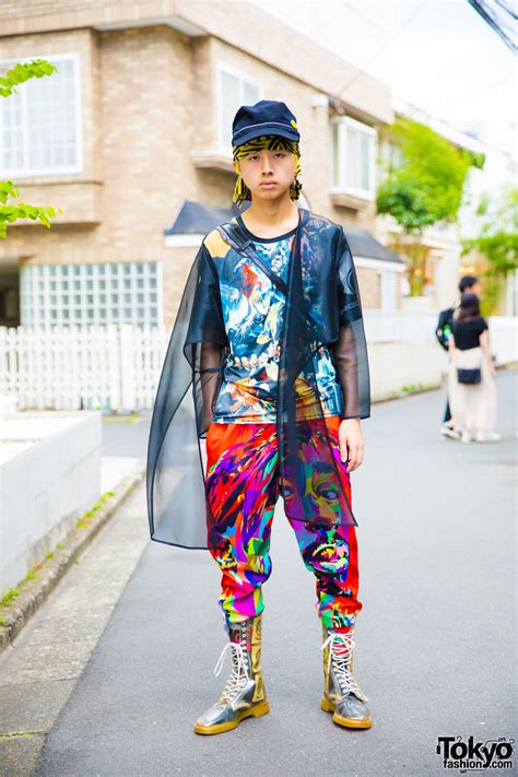 Japanese Fashion Student In Colorful Graphic Style W Dog Harajuku