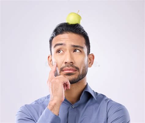 Apple Head Balance And Man Thinking Of Fruit Product Choice For Weight