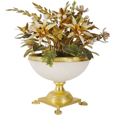 Jane Hutcheson Jeweled Enamel Flowers "White Opaline Paw Foot Vase