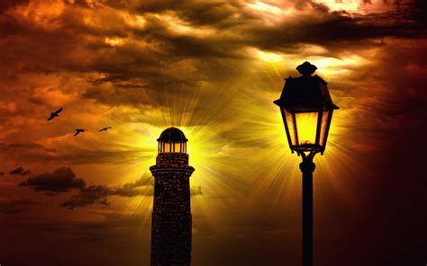 Lighthouse Street Light Sunset Birds Sky Silhouette