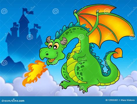 Green Fire Dragon With Castle Stock Illustration Illustration Of