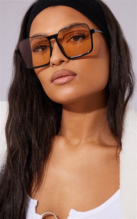Orange Lens Black Sqaure Frame Sunglasses Prettylittlething Aus