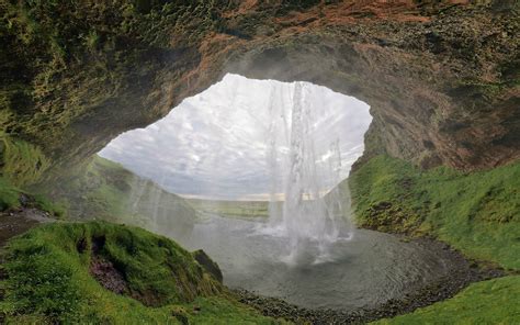 Waterfall Lake Grass Cave Sky Wallpapers Hd Desktop
