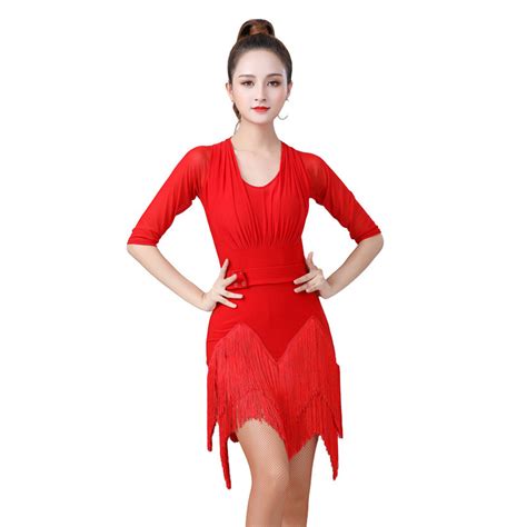 Women Black Red Fringe Latin Dance Dress Modern Latin Dance Costume Cha Cha Rumba Dance Dress