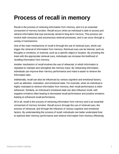 Process Of Recall In Memory Recall Occurs When An Individual Is Able