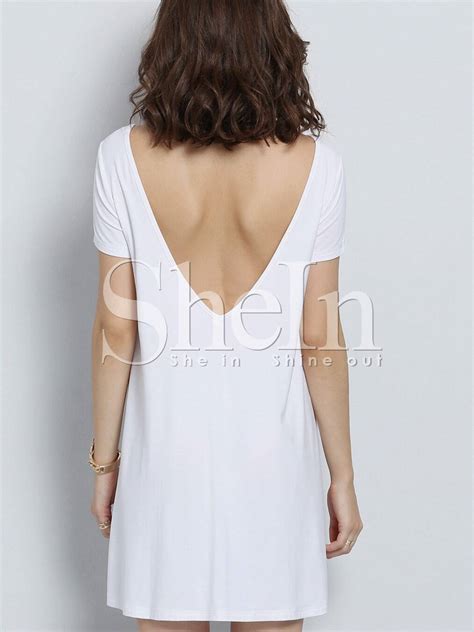 White Short Sleeve Backless Dress Sheinsheinside