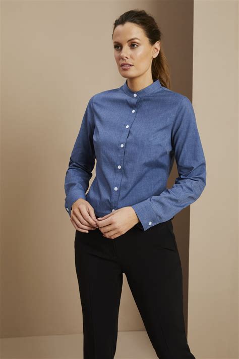 Womens Long Sleeve Denim Look Banded Collar Shirt Shop All From